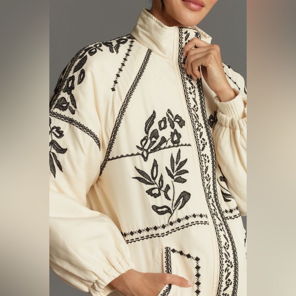 Anthropologie Embroidered Puffer Coat in Ivory 1X - Picture 14 of 16